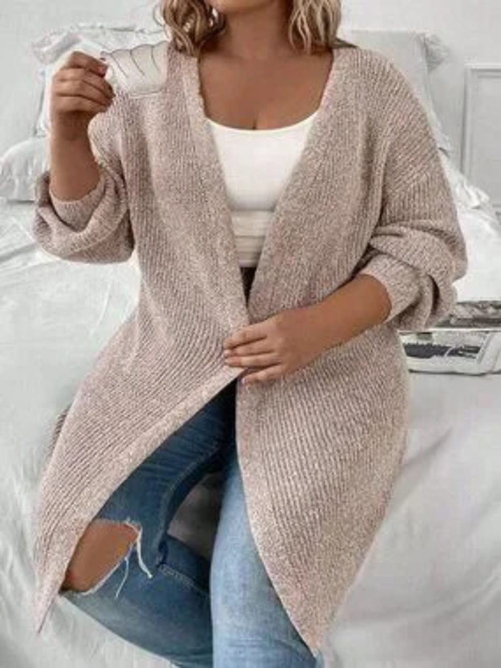 ZARA Khaki Women's Casual Plus Size Versatile Knitted V-Neck Cardigan - Picture 4 of 6